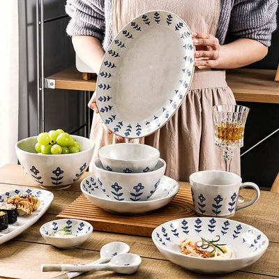 Vintage Small Blue Flower Ceramic Plates Cutlery Set